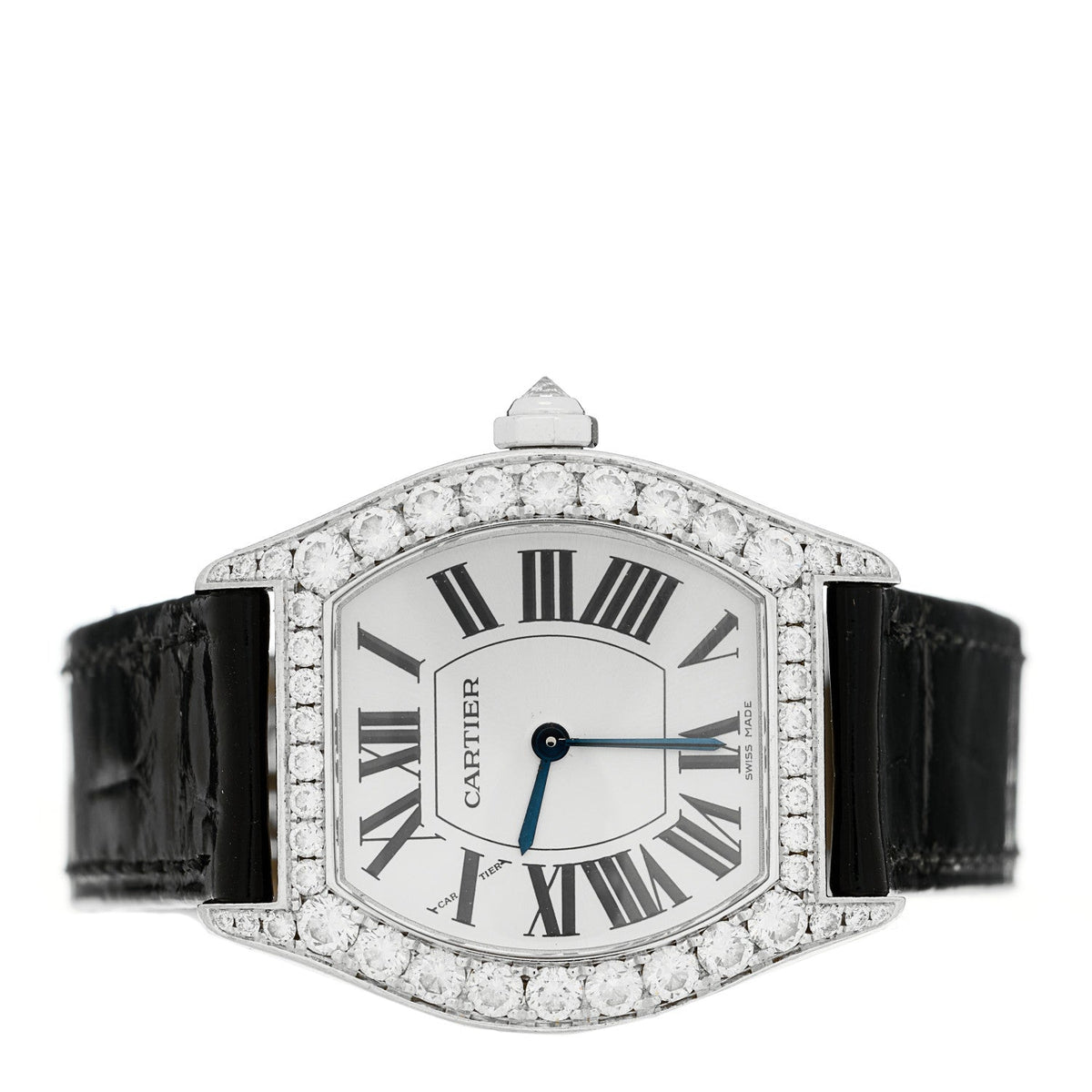 18K White Gold Alligator Diamond Bezel 28mm Tortue Manual Winding Watch Black
