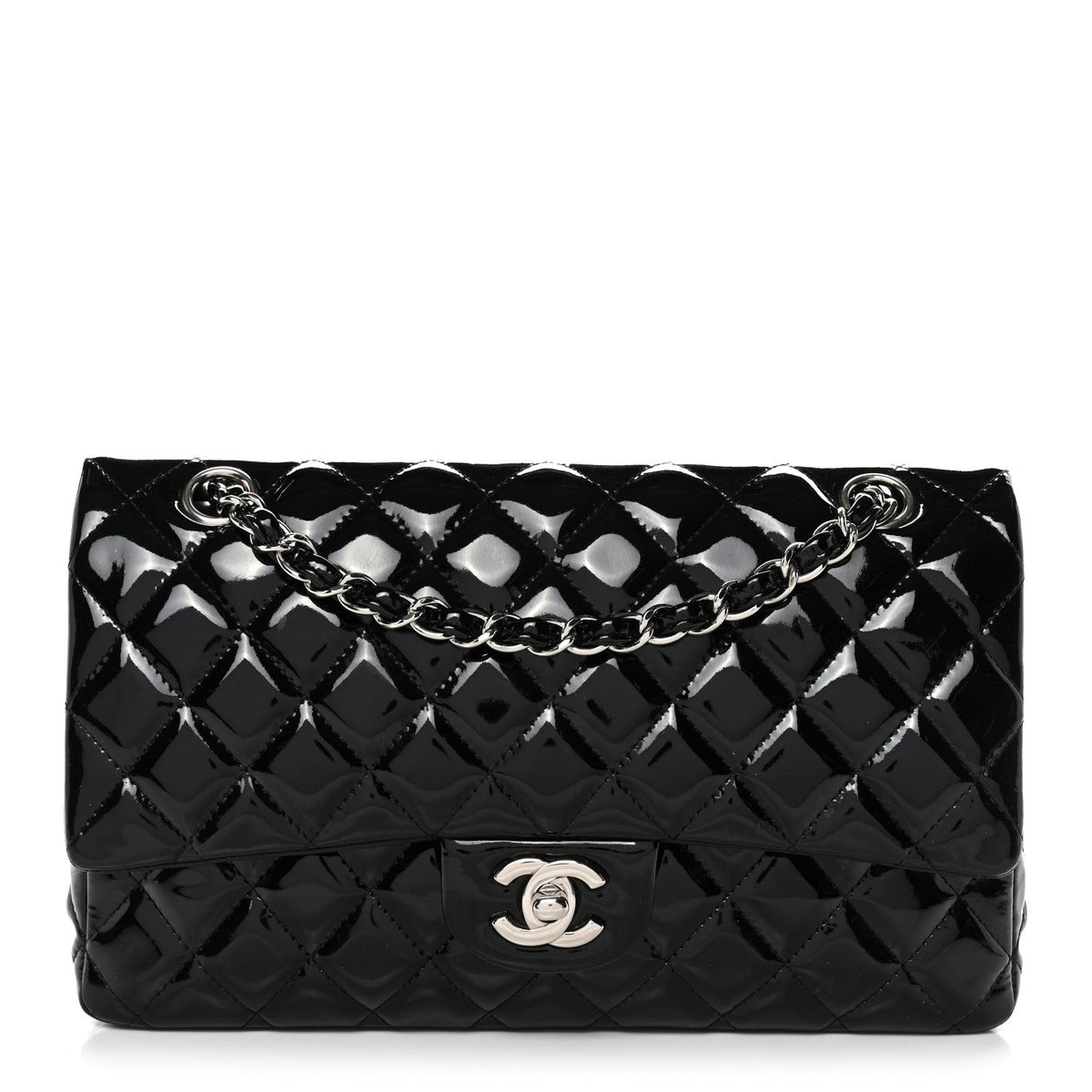Patent Quilted Medium Double Flap Black