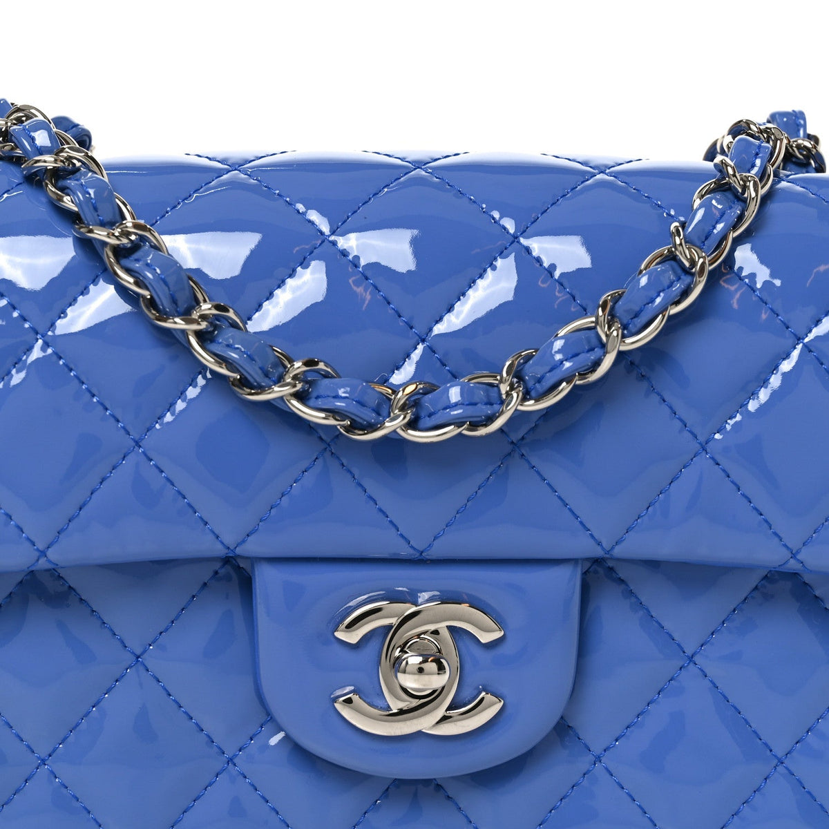 Patent Calfskin Quilted Mini Rectangular Flap Blue