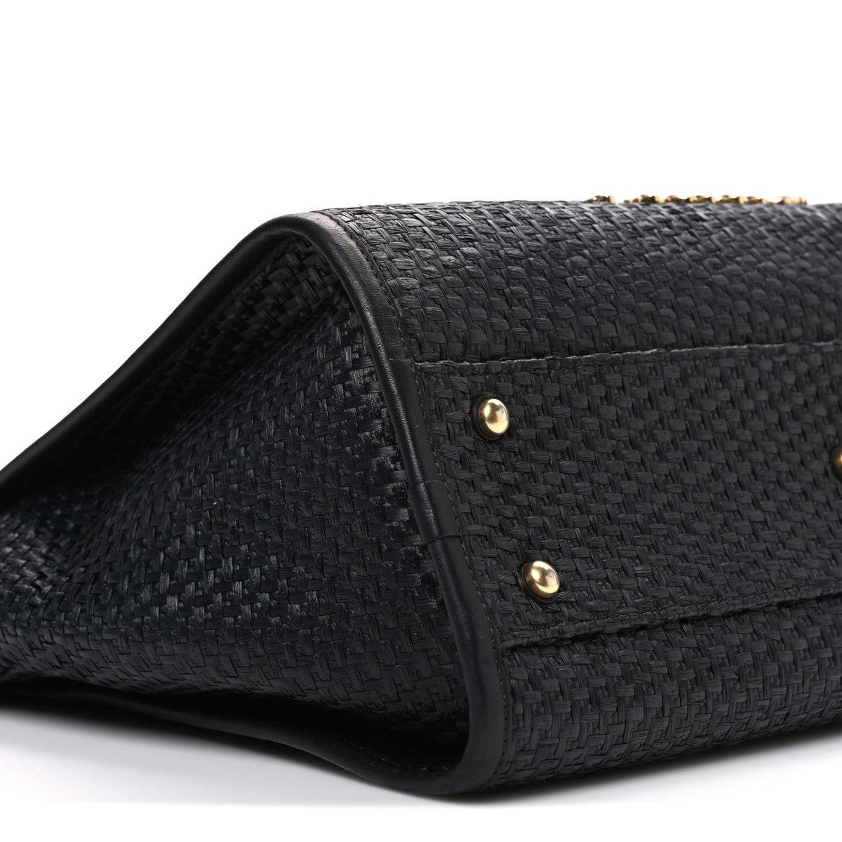 Straw Raffia Calfskin Chain Small Deauville Tote Black