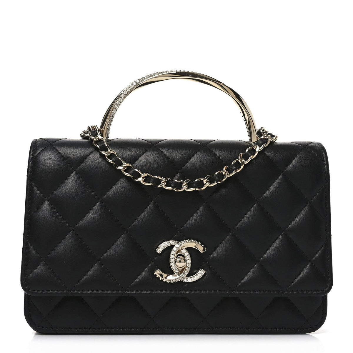 Lambskin Quilted Crystal Handle Wallet On Chain WOC Black