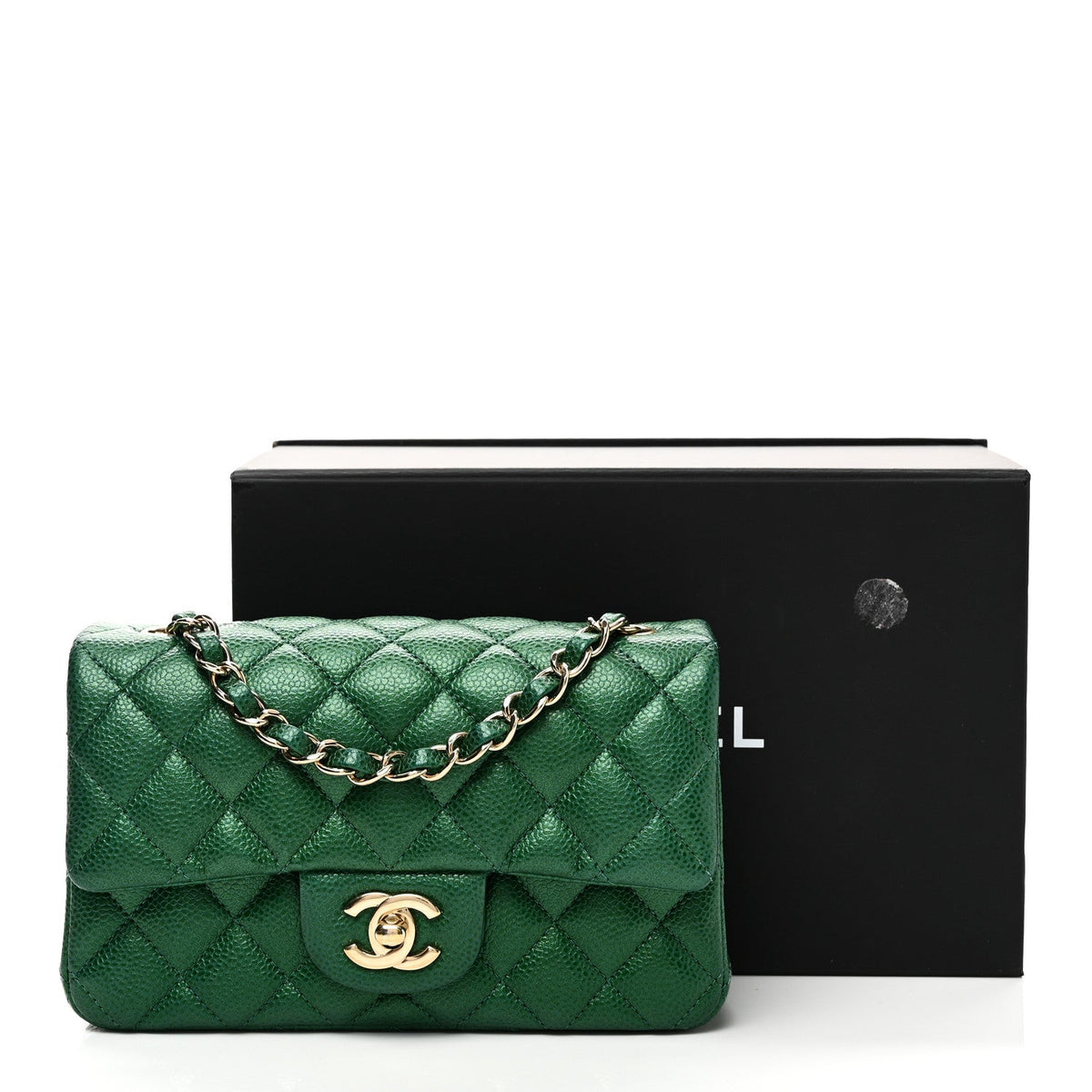Metallic Caviar Quilted Mini Rectangular Flap Green