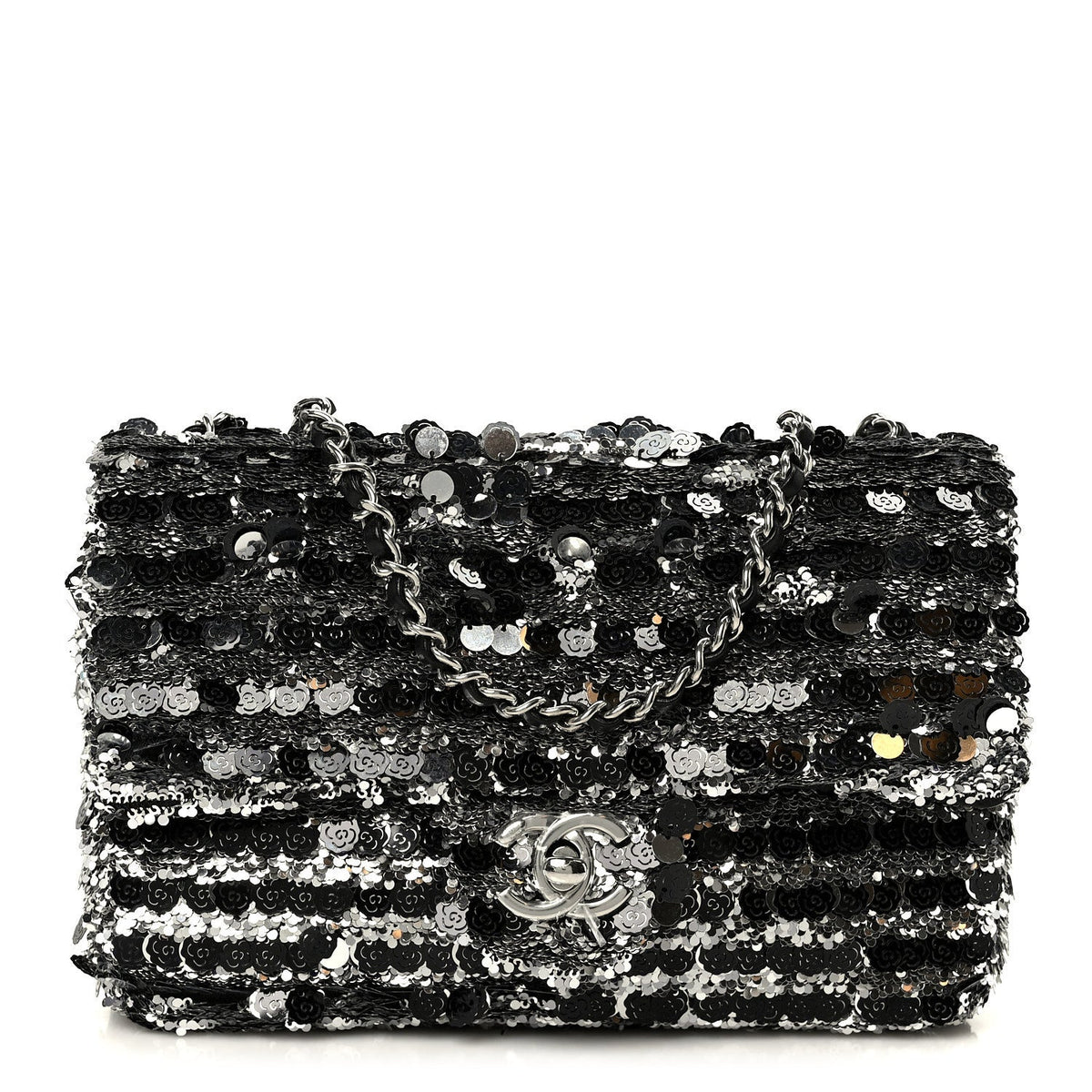 Sequin Camellia Small Single Flap Silver Black