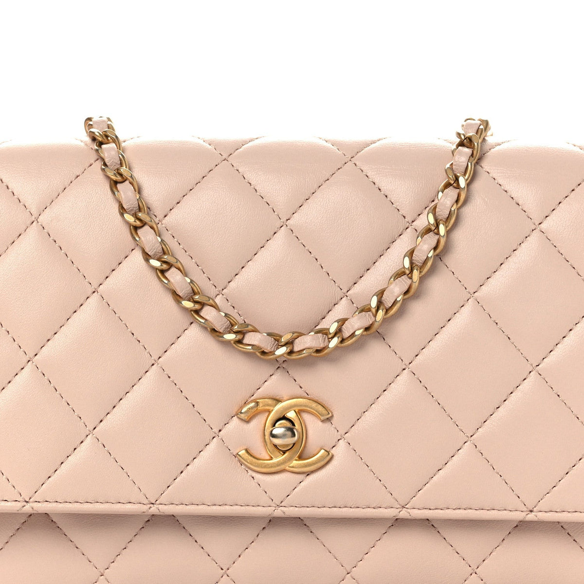 Lambskin Quilted CC Pearl Crush Wallet on Chain WOC Light Pink