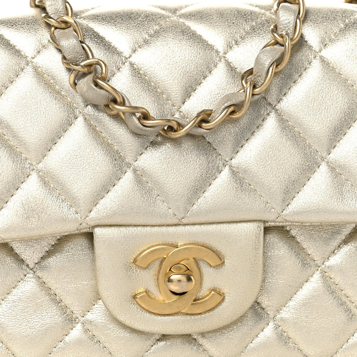 Metallic Lambskin Quilted Mini Rectangular Flap Gold