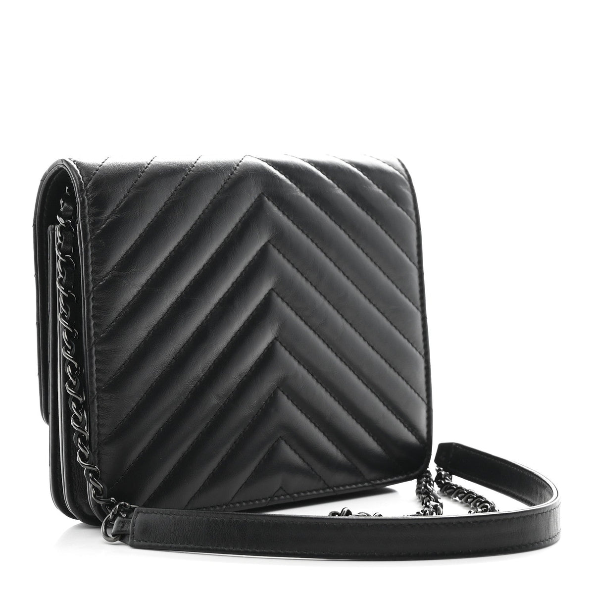 Aged Calfskin Chevron Quilted Reissue 2.55 Square Wallet On Chain WOC So Black