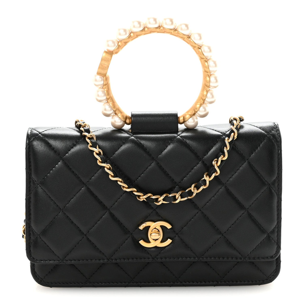 Lambskin Quilted Pearl Crown Wallet On Chain WOC Black