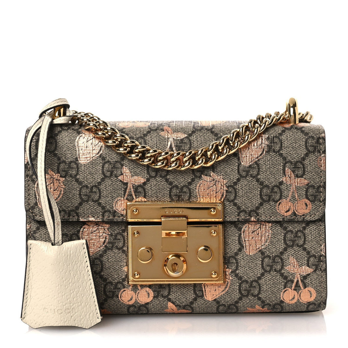 GG Supreme Monogram Berry Textured Dollar Calfskin Small Padlock Shoulder Bag Beige Ebony Light Copper Mystic White