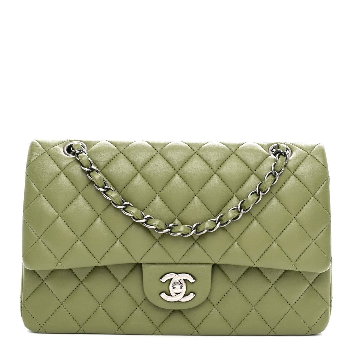 Lambskin Quilted Medium Double Flap Green