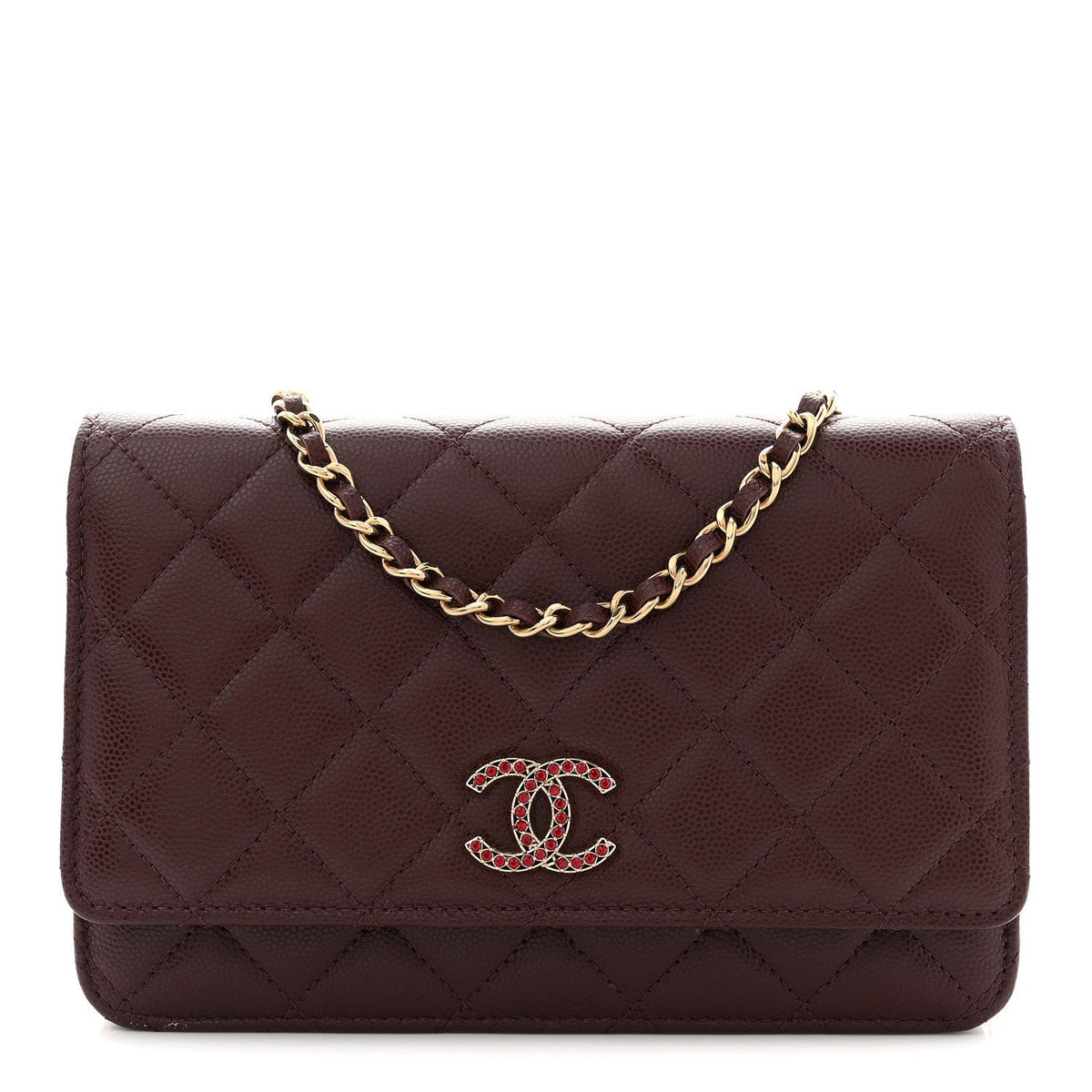 Shiny Caviar Quilted Strass Wallet On Chain WOC Bordeaux