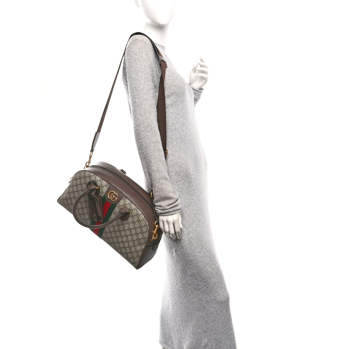 GG Supreme Monogram Textured Dollar Calfskin Web Medium Savoy Bowling Bag Beige Ebony New Acero