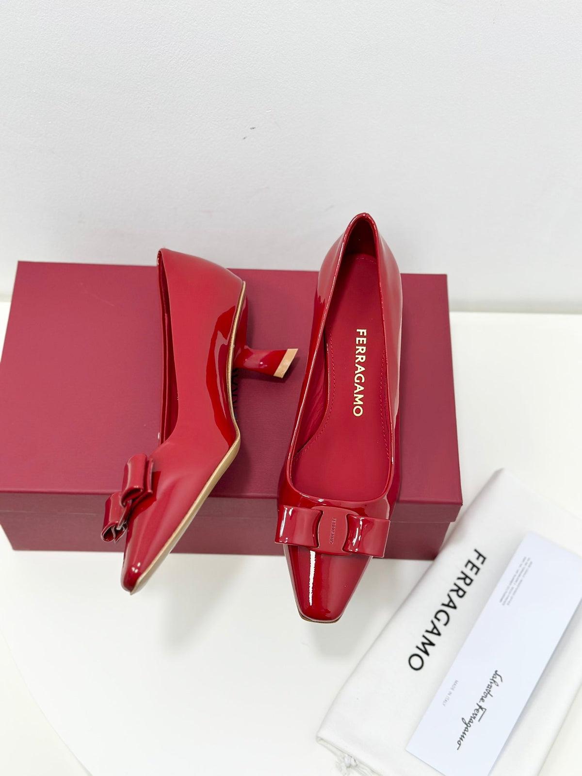 Ferragamo Vara Patent Leather Square Toe Pumps